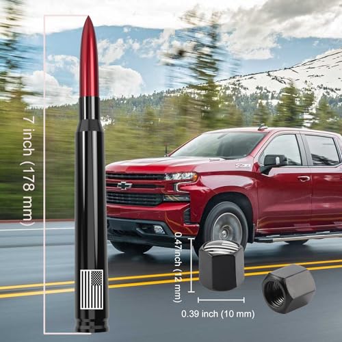 Image of Car Truck Antenna with Tire Valve Caps American Flag Short Replacement for GMC Sierra Chevy Silverado Dodge Ram 1500 2500 3500 Ford F150 F250 F350 Super Duty Raptor Accessories, Red