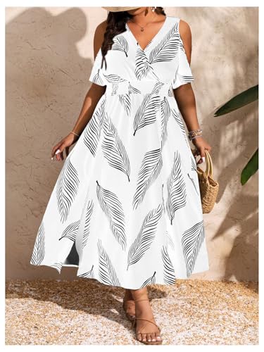 Image of Floerns Women's Plus Size Cold Shoulder Tropical Print V Neck Flared A Line Long Dress