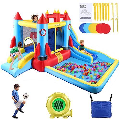 Bounce House with Blower 7 in 1 Bouncy House Jumping Castle Slide,Giant Inflatable Bounce House for Kids with Climbing Wall,Bouncing Area,2X Fun Slide,Pool- Portable- Indoor/Outdoor (Blue)