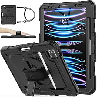 SEYMAC stock iPad Pro 11 Case 2022/2021/2020/2018, Shockproof iPad Pro 11 Case with Screen Protector Pencil Holder [360 Rotating Hand Strap] & Stand, Heavy Duty iPad Pro 11 Inch Case, Black