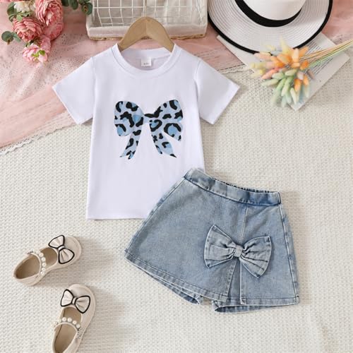 Image of Azmxynol Kid Girls Clothes Outfits Bowknot T-Shirt + 2 In 1 Denim Short Skort Summer Clothing Set, Size 4-10 Years