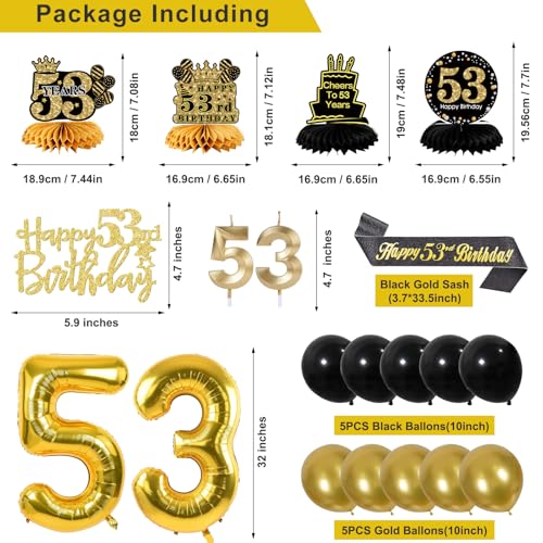 Image of 53rd Birthday Decorations for Men, Black Gold 53rd Party Decoration Kits | 27pcs Happy 53rd Birthday Set, Banner, Honeycomb, Balloons, Gold Number, Candle, Hanging Swirls, Cake Topper, Party Supplies