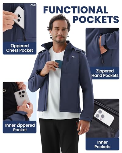 WULFUL Men's Softshell Jacket Waterproof Lightweight Insulated Windbreaker Fleece Lined Rain Shell Jacket for Hiking Travel4