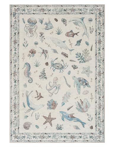 Image of Soft Marine Animal Washable Faux Wool Stain Resistant Rug Rubber Non-Slip Backing for Playroom Bathroom Living Room Bedroom Bedside Beachy Cute Coastal Nautical Nursery Rug (Green Multi, 5' x 7')