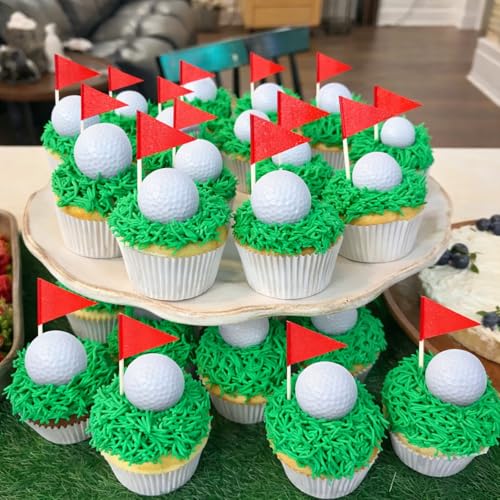 Lemonroad 72 Pcs Golf Cake Decoration Toppers With Mini Ball Red Toothpick Flags Golf Cupcake Toppers Bulk For Dads Fathers Day Golfing Sports Players Themed Birthday Party Decoration Retirement Gifts