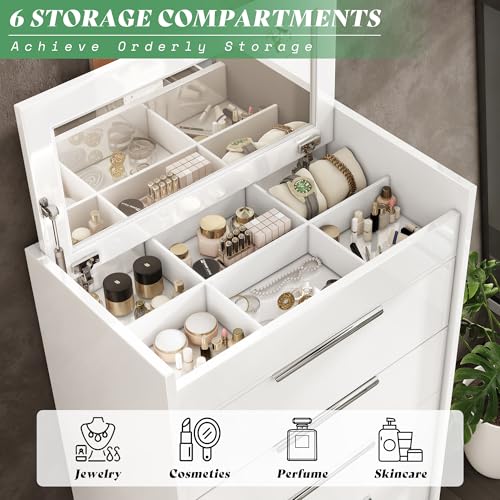 Image of AMERLIFE 50.2 inch H 5-Drawer Dresser for Bedroom with Built-in Mirror & Glass Tabletop, High Gloss Bedroom Storage Organizer & Closet, Modern Chest of Drawers, White