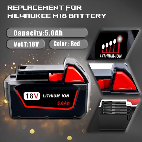 5.0Ah Replacement Battery for Milwaukee 18V Battery Compatible with Milwaukee M18 Battery 48-11-1850 48-11-1852 48-11-1820 48-11-1828 48-11-1830 Cordless Power Tools 2 Pack