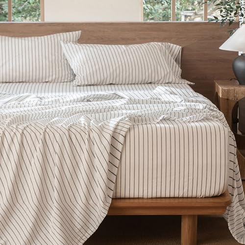 Image of MooMee Striped Sheet Set 100% Washed Cotton Linen Like King | Relaxed Linen-like Texture. Soft, Breathable & Lightweight Comfort. 15-19 inch Extra Deep Pocket with All-around Elastic