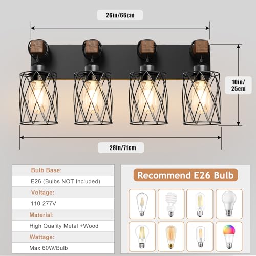 Image of IZORRO Farmhouse Bathroom Vanity Light, 4-Light Wood Bathroom Light Fixtures Over Mirror, Black Industrial Vanity Lights with Metal Shade, Rustic Restroom Lighting Fixtures