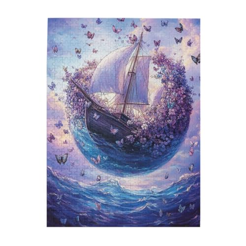 Cafemira Wooden Jigsaw Puzzle 500 Pcs,Floating Floral Sphere Butterflies and Blossoms on Ocean Surface,Creative Activity Hobbies for Adults,Relax &enjoy the fun of solving,Every Piece is Unique
