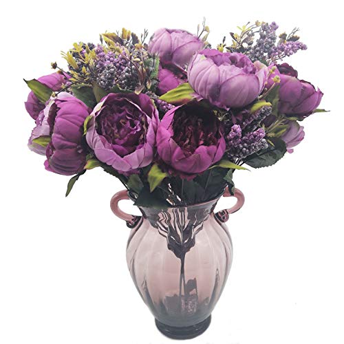 cn-Knight 1pcs Artificial Peony Bouquet,19 Inch Silk Peony Bunch with 7 Faux Flowers,Classical Style Artificial Flowers with Leaves and Ornaments for Wedding,Home Décor Centerpieces(Purple)