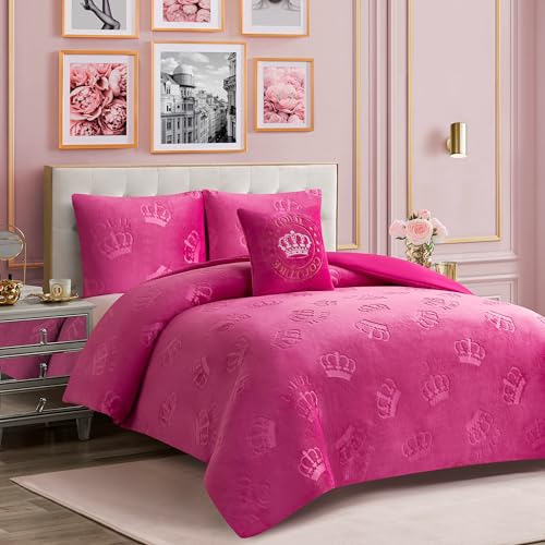 Image of Juicy Couture Plush Reversible Embossed Crown 3-Piece Twin /Twin XL Comforter Set with Decorative Pillow, Hot Pink