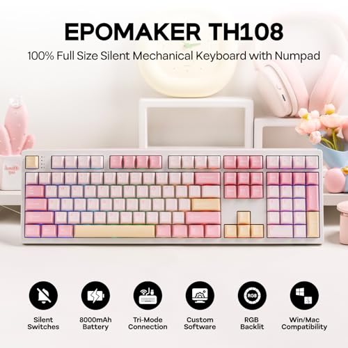 Image of EPOMAKER TH108 Full Size Mechanical Keyboard, Wireless Gaming Keyboard with 10000mAh Battery, Creamy Gasket, 108 Keys, Hot Swap, Custom Driver, RGB Backlight (Pink, Sea Salt Silent)