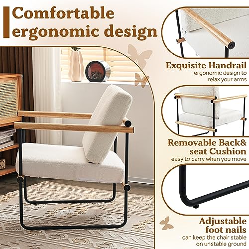 Fahomiss 29in Boucle Fabric Accent Chair for Living Room, Modern Lounge Chair for Bedroom, Upholstered Reading Armchair Set of 2, with Metal and Wooden Arms (Natural)