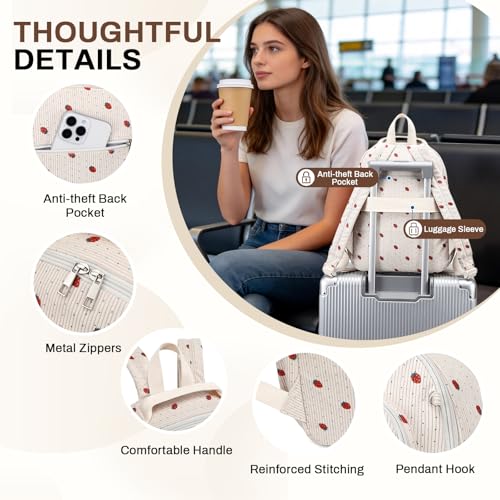 Image of Sisipoet Mini Backpack for Women, Corduroy Small Backpack for Ladies Bookbag Purse for Women with Handy Wallet and Luggage Strap,Beige Strawberry