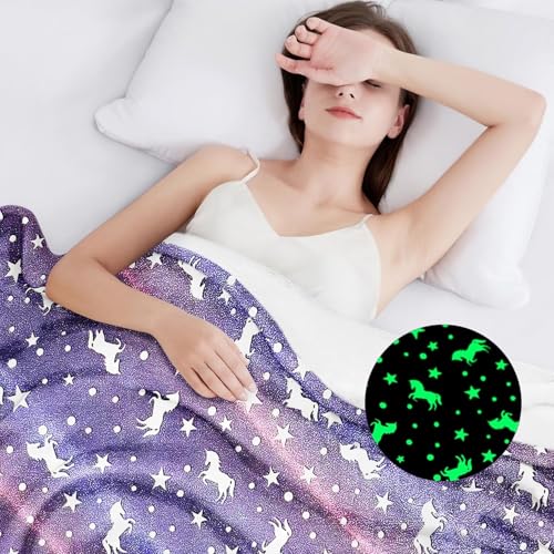 Image of Glow in The Dark Unicorn Blanket for Girls - Super Soft Purple Plush Fleece Throw with Stars and Unicorns - Magical Luminous Gift for Kids, Toddlers, and Teens - 80 inch x 60 inch (Purple)