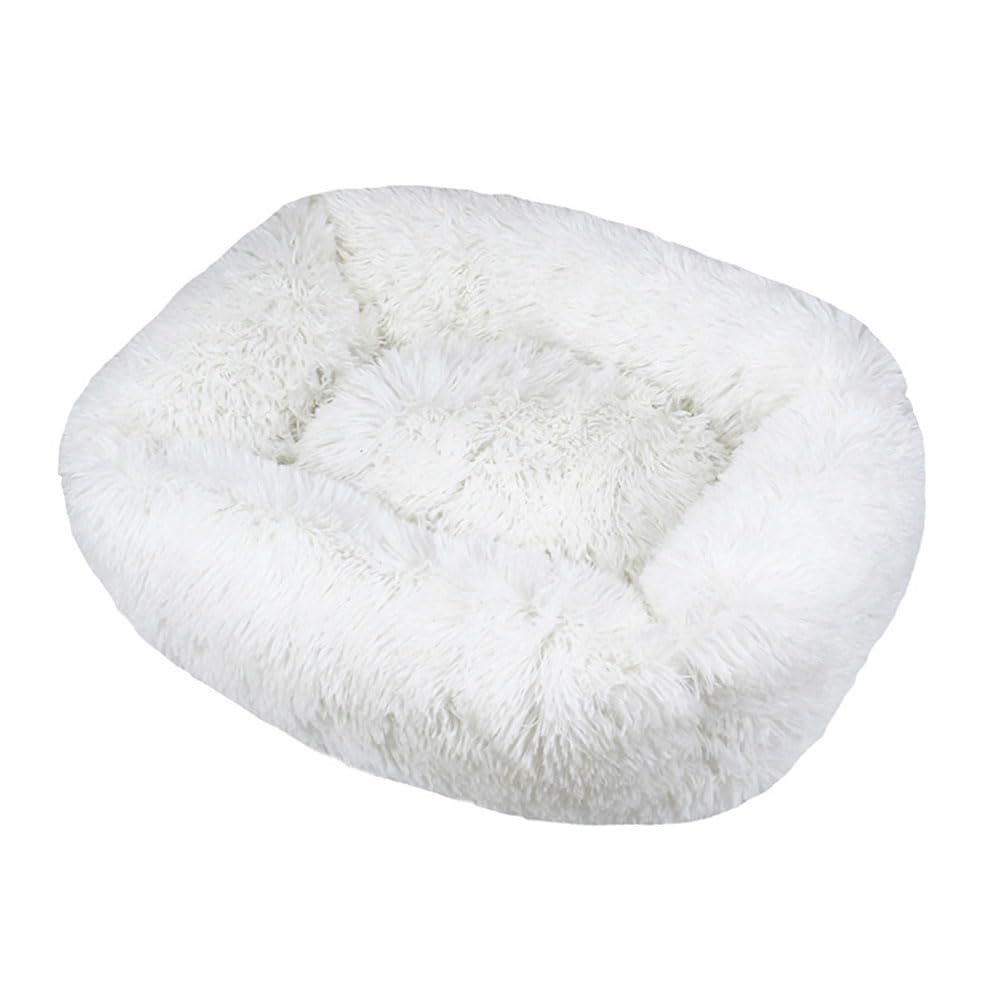 Hiseng Soft Fluffy Dog Bed, Simple Solid Color Self-Warming Cat Bed Washable Square Dog Beds Medium, Plush Anti-Slip Bottom Donut Cat Beds for Indoor Cats (M 66x55cm,White)