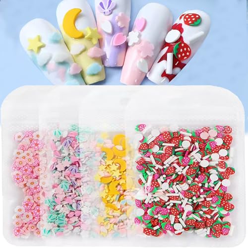 Image of 4 Bags Colorful Nail Charms 3D Mini Floral Star Moon Strawberry Cloud Shell Charms for Nails Design Nail Slices DIY Nail Art Decoration for Women Girls Nails Art Supplies Accessories
