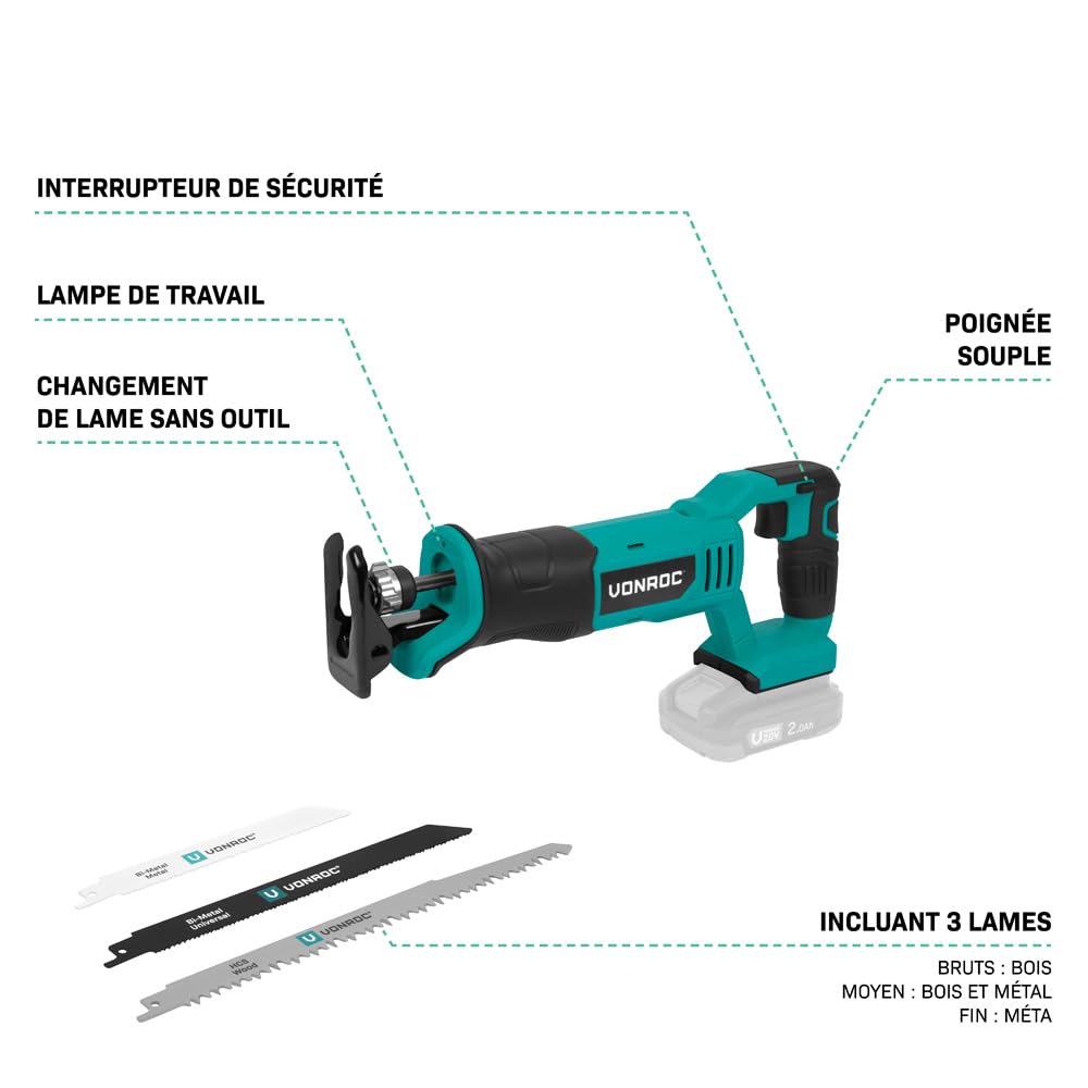 VONROC Scie Alternative 20V Sans Fil – 0–3000/min, Course 25mm – 3 Lames Incluses – Changement Rapide, LED & Softgrip – Coupe Bois, Métal, PVC – Plateforme VPower