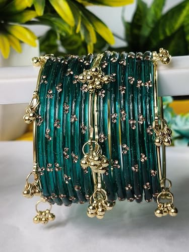 Image of NMII Viral Multi Colour Glass Bangles with Golden Ghungroo Charms & Stone Work For Women & Girls | Fancy Designer Glass Bangle | Traditional Chudi | Kanch Ki Churi | Stylish Ghungroo Bangle For Women