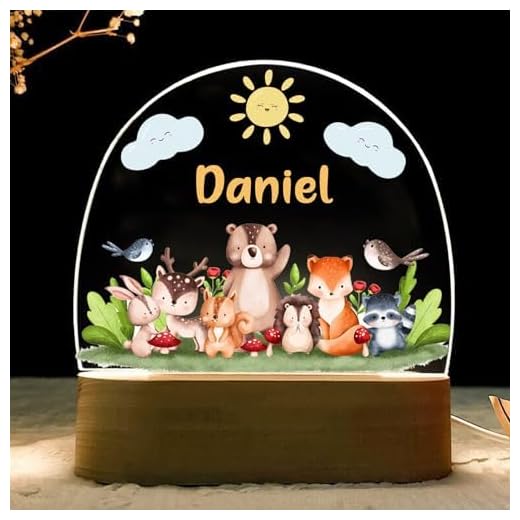 Lampara Infantil Personalizada para bebes y niños de mesita de noche Regalos bebe recien nacido personalizada decoracion habitacion bebe luz quitamiedos lamparas niño originales niña (BOSQUE-LINDO)