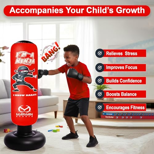 Image of Marwan Sports Ninja Kids Punching Bag - Inflatable Sensory Toy & Birthday Gift for Boys & Girls Ages 4-12, 63 inch Freestanding 5-in-1 Kit, Indoor Apartment-Quiet Sensory-Friendly Active Play