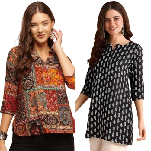 Image of Women's Cotton Printed Short Kurti, Round Neck, Three Quarter Sleeve, Straight Fit, Pack of 2