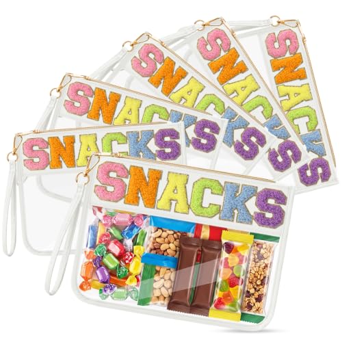 6 Pcs Snacks Bags Chenille Letter Clear Makeup Bag with Zipper, White