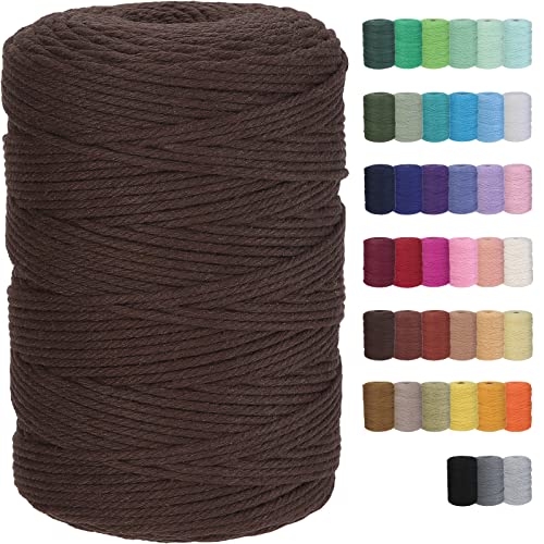 GOHOF Cotton Macrame Cord 3mm 328yards Natural Colored Macrame Supplies, Soft Craft Cotton Rope for Plant Hanger Wall Hanger Dreamcatcher (Dark Brown)