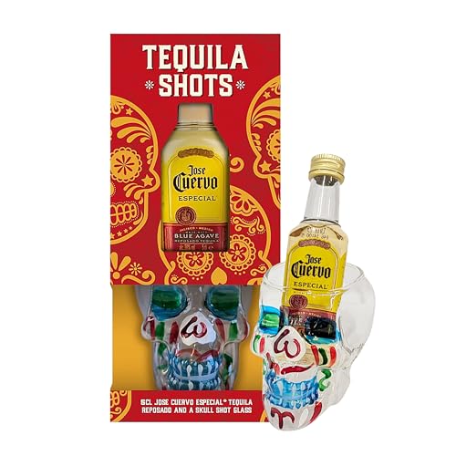 Tequila Gift Set for Stocking Fillers - Alcohol Gift Set of 5cl Tequila Miniature Alcohol Bottles with Skull Shaped & Decorated Shot Glass for Mens Gifts also Great Christmas Gifts for Women
