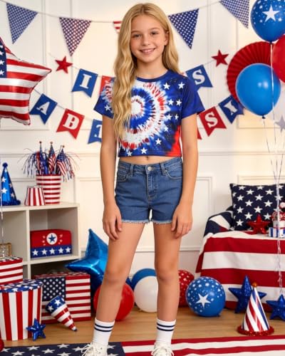 Image of DDSOL Girls July 4th Crop Tops Patriotic Shirt Short Sleeve Tshirts