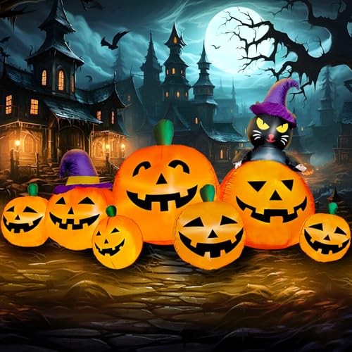 Image of 8 FT Long Halloween Inflatables Pumpkin Outdoor Decorations, 7 Pumpkins Outside Decoration with Black Cat with Build-in LEDs Blow Up Inflatables for Party Yard Lawn Garden Decor