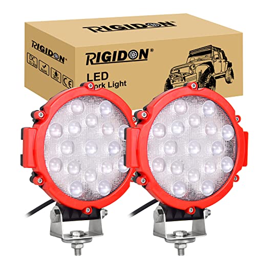 RIGIDON 2 Pcs faros trabajo led redondo, Rojo 7 pulgadas 51W, lámpara trabajo led para off road camión coche ATV UTE SUV 4x4 Tractor, 12v 24v Spotlights faros antiniebla, 6000K off road lights