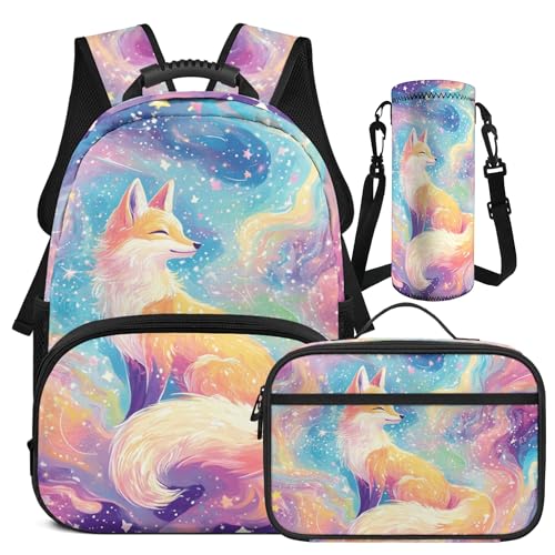 Fox Backpack Set for Girls 17 Inch School Bags Backpack with Lunch Box Water Bottle Bag Comfy Padded Back Lightweight Bookbag Set 3 In 1 for Elementary School Student Pink