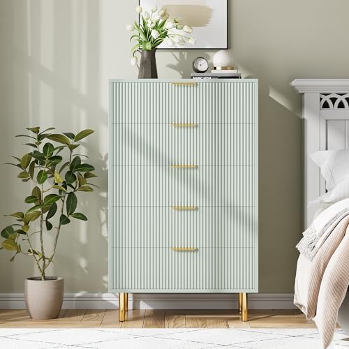 Green Dresser, Modern 5 Drawer Dresser for Bedroom with Gold Handle and Large Drawer, Wood Double Chest of Drawers and Storage Organizer for Living Room, Hallway, Entryway