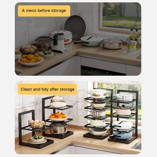Image of Metal 4 Tier Heavy Duty Pan and Pot Organizer, Tiered Shelf Countertop Rack for Cabinet Adjustable Pot and Pan Organizer Rack, 18 in x 8 in x 8 in