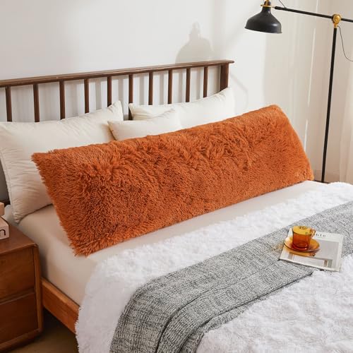 XeGe Shaggy Faux Fur Body Pillow Cover, Fluffy Long Bed Pillowcase with Zipper, Soft Decorative Plush Furry Body Pillowcase, Terracotta Fuzzy Pillow Sham for Kids Girls Women 20"x54", Burnt Orange