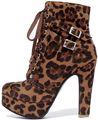 ForeMode Women Autumn Round Toe Lace up Ankle Buckle Chunky High Heel Platform Knight Boots3