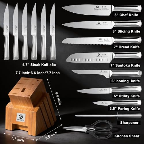 Image of Imarku 16PCS Japanese High Carbon Stainless Steel Knife Set with Block & Sharpener, Dishwasher Safe Kitchen Knife Block Set, Ergonomic Handle Kitchen Utensils Set Gift