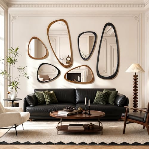 Image of Asymmetrical Mirror, 30 inchx20 inch Unique Irregular Wall Mirror, Wood Mid Century Modern Mirror Decor for Bathroom Bedroom Living Room Entryway Hallway (Natural Wood)