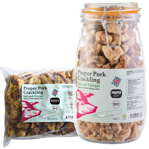 SCT Proper Pork Crackling 1.5L Glass Jar + 1.5L Refill Bundle - 11 Flavours Available - Keto, Gluten & Allergen Free, Low Carb, High Protein - Handmade in Britain (Sea Salt & Vinegar)