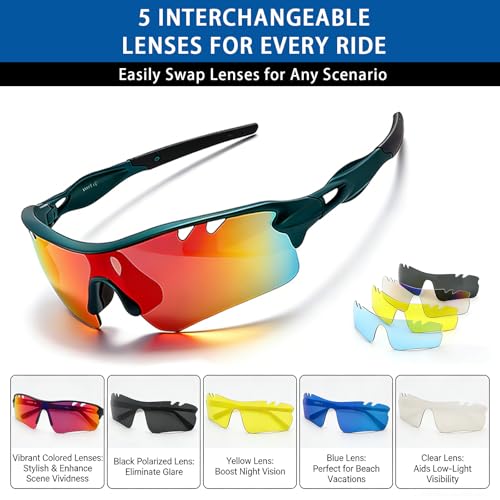 Image of Cycling Sunglasses with 5 Interchangeable Lenes, Polarized UV400 Sports Sunglasses, Anti-Glare Lightweight Running Sunglasses for Men Women Outdoor Sports Cycling Running Hiking