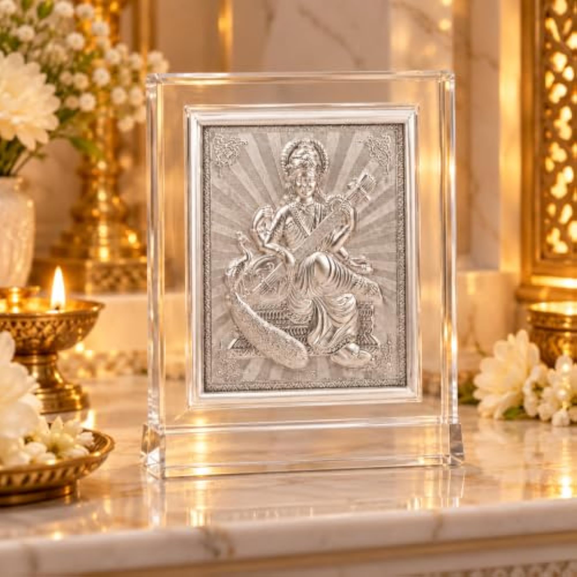 Silver Saraswati Maa Frame, Religious Idol Gift for Students