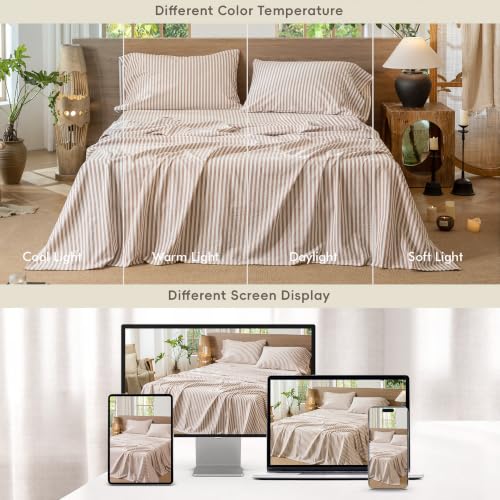 Image of MooMee Striped Sheet Set 100% Washed Cotton Linen Like Full