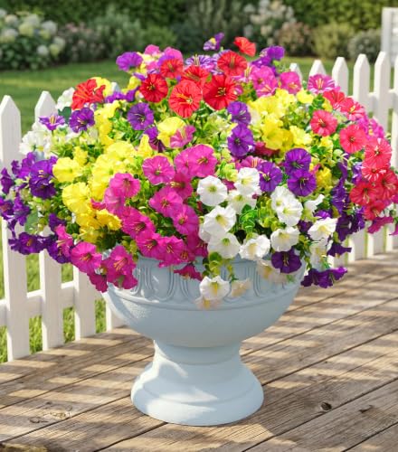 Artificial Flowers Fake Plants for Outdoors Decoration, 12 Bundles Silk Morning Glory with Eucalyptus Realistic UV Resistant Faux Flowers for Outside Planter Porch Yard Patio Garden Home Indoor, Mix