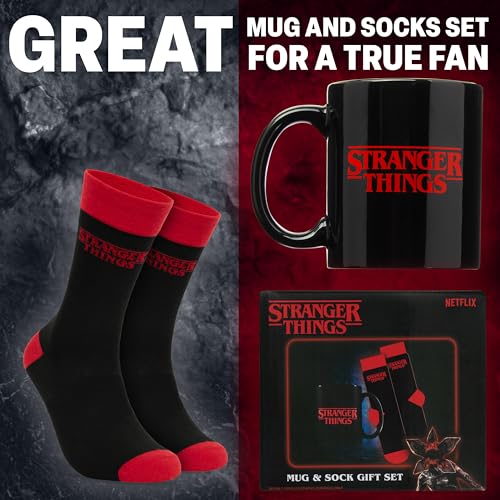 Image of Get Trend Stranger Things 11oz Mug and Socks Set, Crew Socks with Ceramic Coffee Mug Microwave Safe, Novelty Gifts for Men, Women, Teens (Red /Black Stranger Things)