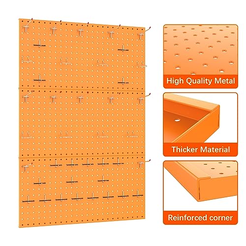 Image of TORACK 3 PCS Metal Pegboard Panels(12x24 inch) for Wall Garage Tools Storage Pegboard for Workbench, Modular Peg Board Tool Organizer Board Kit(Pack of 3, Orange)