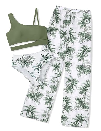 Girls Swimsuit Floral Print 3 Piece Teen Girls Bathing Suit Kids Cutout High Waist Girls Bikini with Cover Up Pants