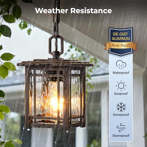 Image of Dusk to Dawn Outdoor Pendant Light, Oil Rubbed Bronze Hanging Porch Light, Exterior Pendant Lighting Fixture with Twilight Sensor, 100% Aluminium Exterior Chandelier with Adjustable Chain