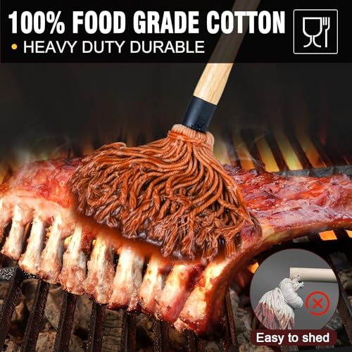 Image of Walfos Basting Brush Silicone and BBQ Mop, Grill Basting Mop with 3 Heads and 2Pcs Pastry Brushes, Wooden Long Handle, Heat Resistant for Grilling, Smoking Steak, Kitchen Cooking (18 inch）